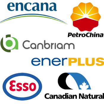 Client logos including Esso, Petro China, Encana, and Canadian Natural